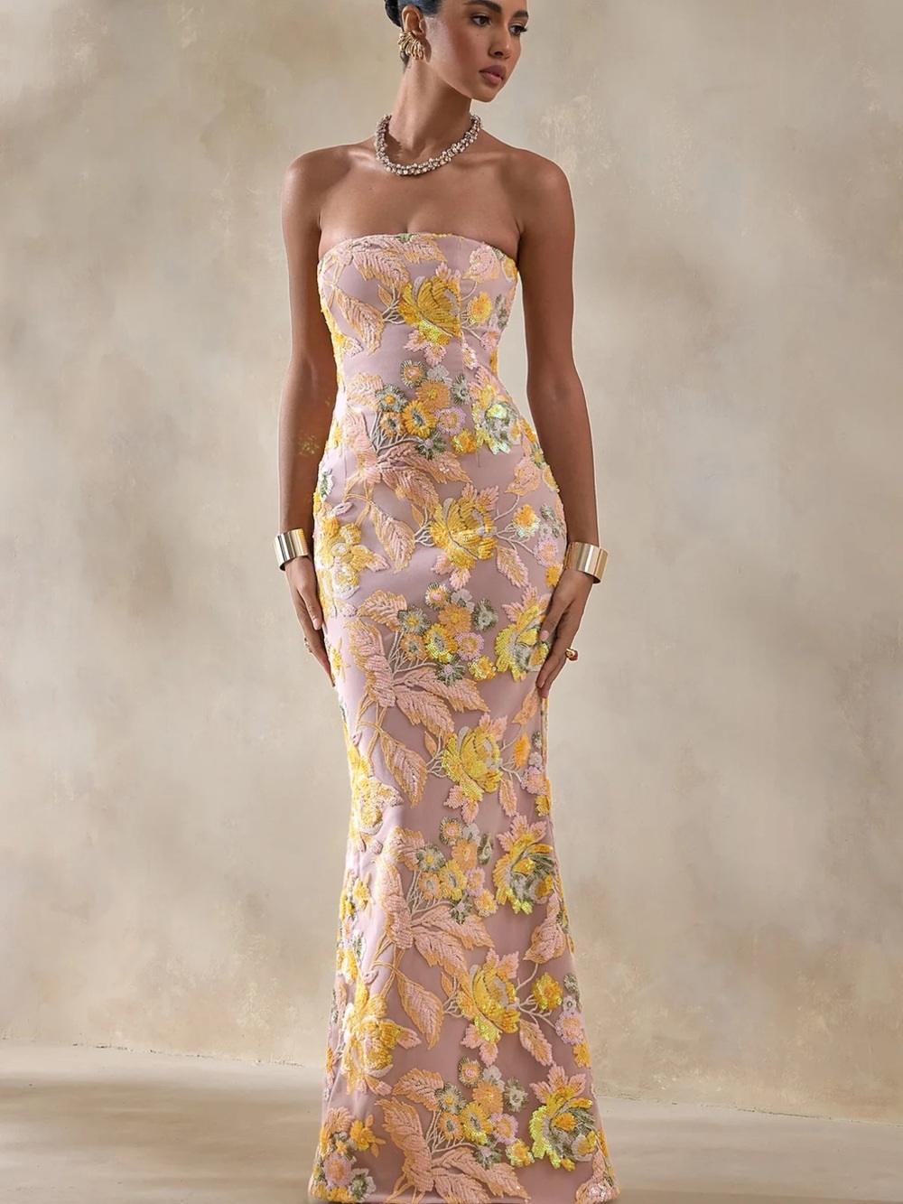 Club L London Strapless Pink Dress with Yellow Floral Embroidery